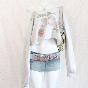 Y2K New York 33 Rhinestone Off Shoulder Sweatshirt McBling Graphic Top